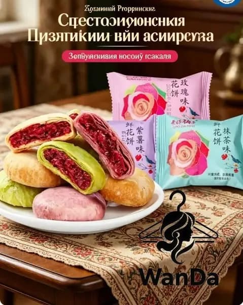 Многослойные пирожные с розовой начинкой, цветочные печенья с вкусом розы, матча и фиолетового картофеля, традиционные китайские сладости для перекуса, 4 штук