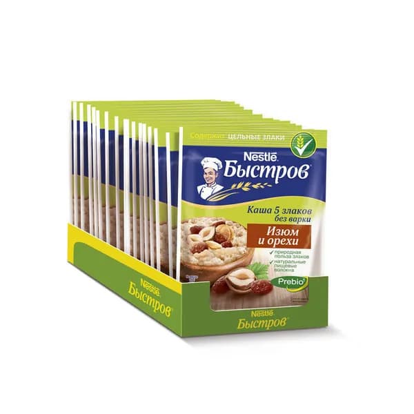 Каша Nestle Быстров овсяная пять злаков, изюм, орехи, 40 г, 17 шт./уп.