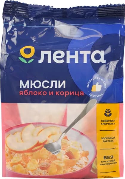 Мюсли ЛЕНТА хрустящие с яблоком и корицей в меду, 400 г / Готовый сухой завтрак