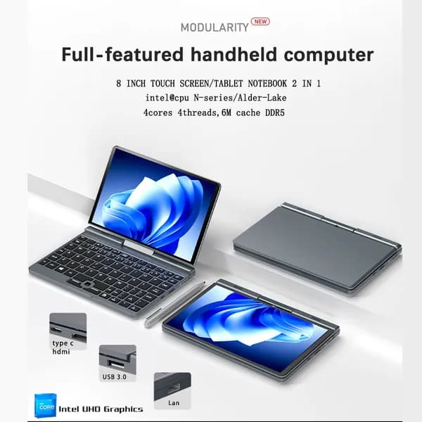 YSJMNPC P8 Ноутбук 8", Intel Alder Lake N95, RAM 12 ГБ, SSD 512 ГБ, Intel UHD Graphics 750, Windows Home, (P8), серый, Русская раскладка