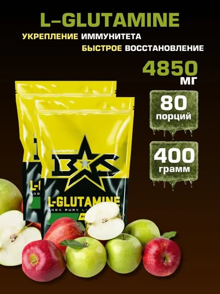 (2 УП х 200ГР) Л-Глутамин порошок Binasport "L-GLUTAMINE" (Глютамин) 400 г со вкусом яблока