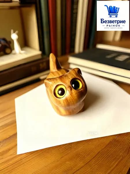 Фигурка кота из дерева, ручная работа, желтоватое дерево, голубые глаза, декор для дома