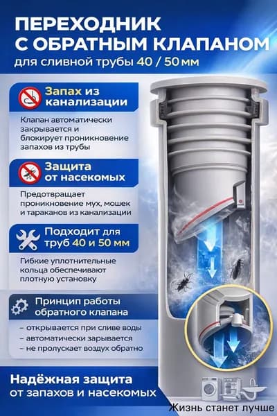 Обратный клапан для канализации 40,50 мм под раковину, переходник для сифона и гофры, антизапах, защита от насекомых