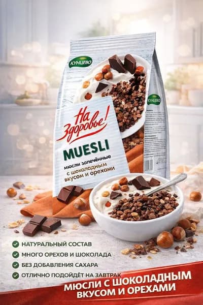Мюсли запеченные с шоколадом и орехами, сухой завтрак, Кунцево, 300г