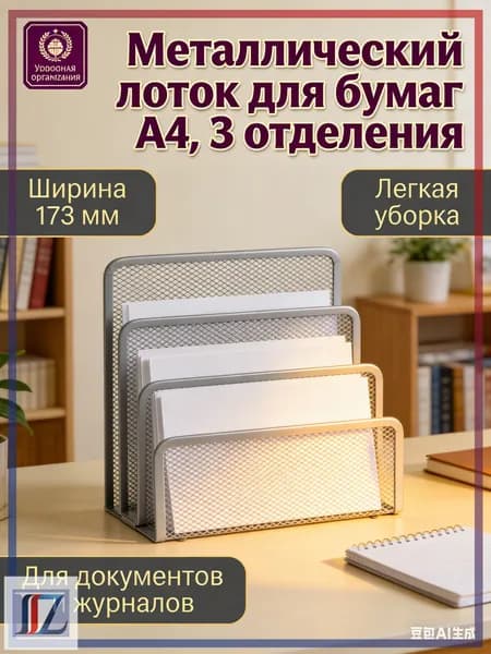 Лоток для бумаг вертикальный металлический А4, 3 отделения, серебристый сетчатый органайзер для документов и папок на стол