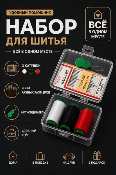 Набор дорожный швейных ручных игл для шитья и вышивания, нитки, нитковдеватель, бокс