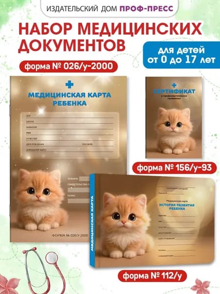 Амбулаторная карта ребенка + сертификат прививок + медицинская карта ребенка для д/с или школы "Рыжий котёнок", комплект 3 шт.