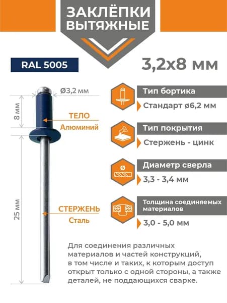 Заклёпка вытяжная 3,2х8 алюминий/сталь синий RAL 5005 (50 штук)