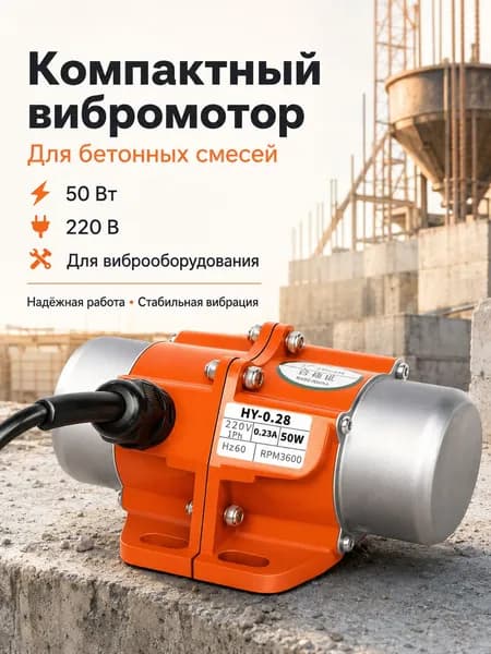 Вибромотор компактный для бетонных смесей, мощность 50 Вт, напряжение 220 В.