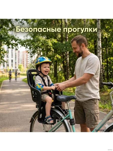 Детское велокресло на задний багажник с пятиточечным ремнем безопасности, поручнем и защитой ног.
