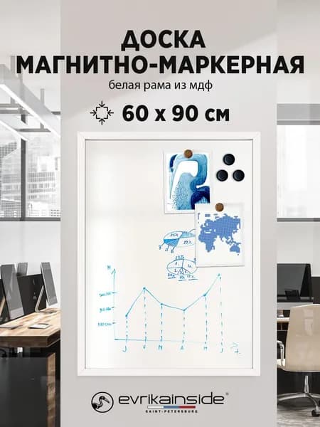 Магнитно-маркерная доска в белой раме из мдф 60х90 см