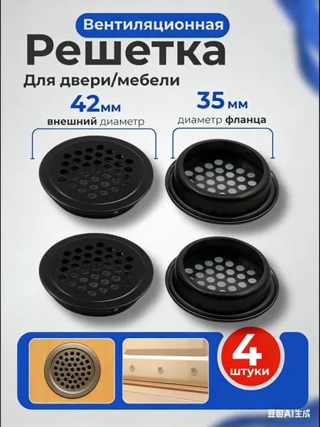 Решетка вентиляционная для двери / Вентиляция металлическая, черная, круглая, для мебели / Воздуховод на дверь, 35 мм, 4 шт.