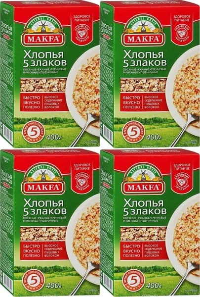Хлопья Makfa зерновые 5 злаков, комплект: 4 упаковки по 400 г