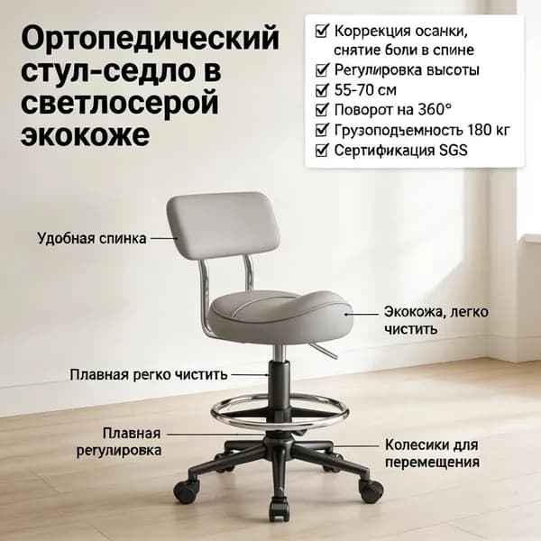 Ортопедический стул, Экокожа, Светло-серый