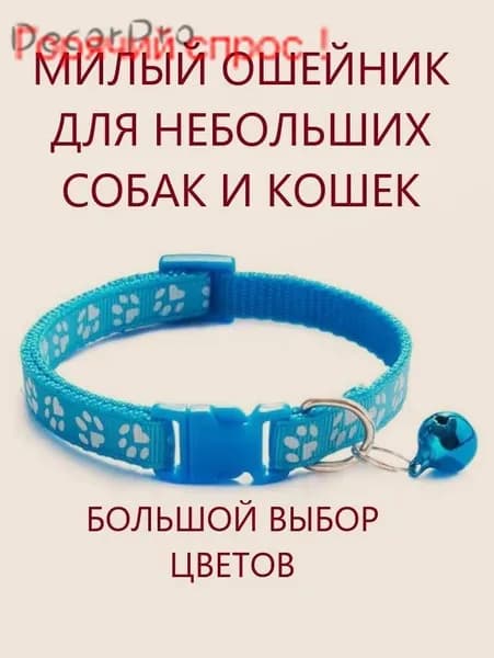 Ошейник для кошек и собак мелких пород с колокольчиком. Голубой.