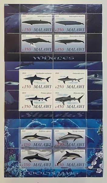Марки Морская фауна ; Акулы Дельфины Киты 2010 года Малави (12 штук в наборе)