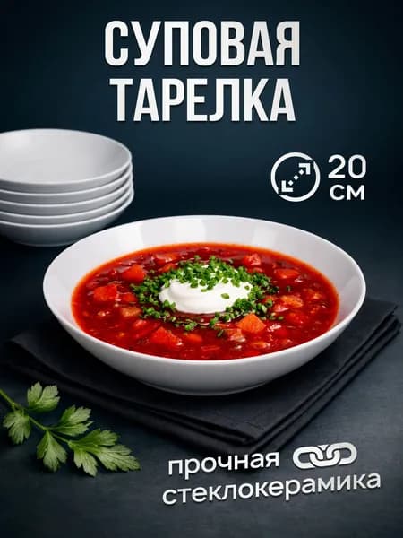 Тарелка суповая глубокая белая стеклокерамика 20 см