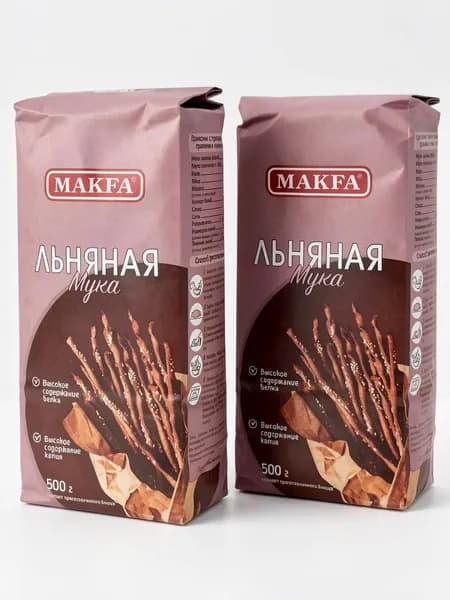 Мука льняная MAKFA 2шт по 500 г безглютеновая, обезжиренная, источник белка 33 г и Омега-3, для хлеба, блинов, выпечки и ПП-питания