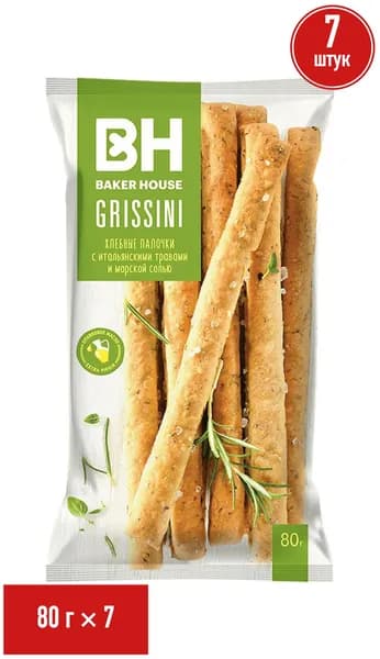 Хлебные палочки Baker House Grissini итальянские травы-морская соль 80 г, набор: 7 штук