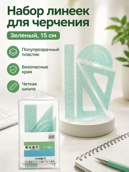 Набор геометрических линеек из 4 предметов: линейка, транспортир, треугольники 15 см, зеленый, пластик