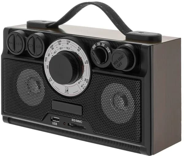 Радиоприемник аналоговый Ретро РП-304 черный коричневый, FM радио, антенна, USB micro SD AUX IN, от сети и бат. R20*4шт. (не в комплекте)