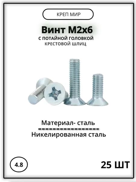 Винт М2х6 с потайной головкой 25 шт, никелированная сталь