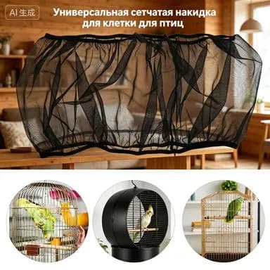 Черная полиэстеровая сетчатая накидка для птичьей клетки, защитный чехол с ловушкой для корма, 2 шт