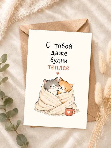Открытка "С тобой даже будни теплее" с котиками, A6 10х15 см с крафт-конвертом