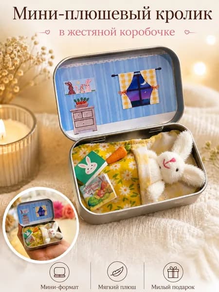 Плюшевый миниатюрный кролик из жестяной коробки
