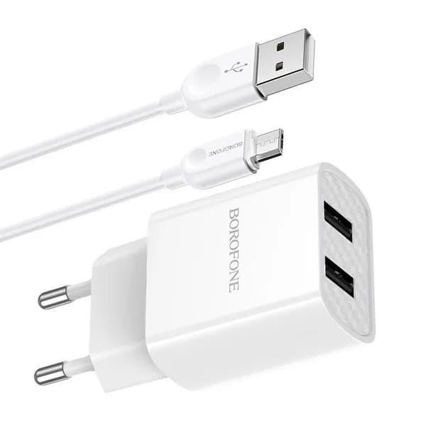 BOROFONE BA53A Сетевое зарядное устройство (СЗУ) 2 USB с кабелем Micro USB, белый