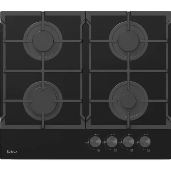 Варочная поверхность газовая EVELUX 4 конфорки, чугунные решетки, газ-контроль, электроподжиг, механическое управление, поверхность из закаленного стекла, цвет черный (HEG 615 BG)