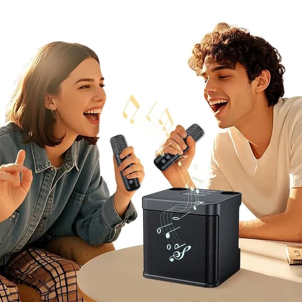 Колонка YS203KTV с 2 беспроводными микрофонами и аккумуляторным питанием