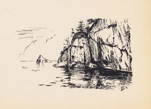 Байкал. Скалы у берега. Борис Лебединский. Антикварная гравюра (ксилография). СССР, 1966 г.