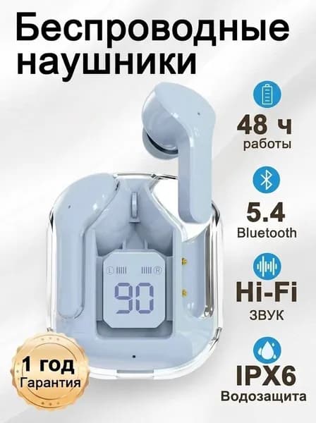 Наушники беспроводные с микрофоном Air3, Bluetooth, USB Type-C, голубой, прозрачный