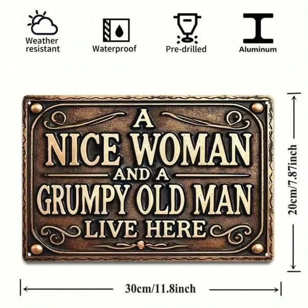 Металлическая плакатка, винтажный ироничный стиль, надпись "A Nice Woman And A Grumpy Old Man Live Here", для украшения дома, 20x30cm