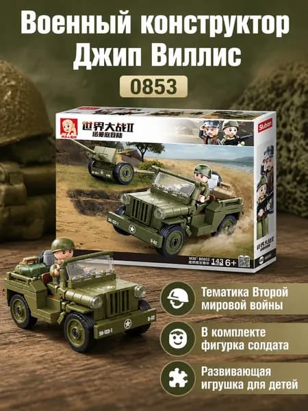Модель для сборки военной техники Второй мировой войны: военный джип Willys, пластик, масштаб 1/100
