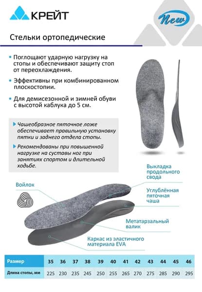 Стельки ортопедические зимние, каркасные, Крейт, размер 45