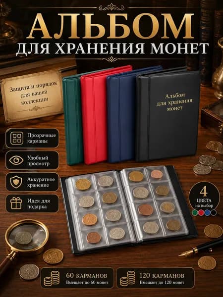 1 шт.Альбом для монет на 60 ячеек, чёрный, книга для хранения коллекции