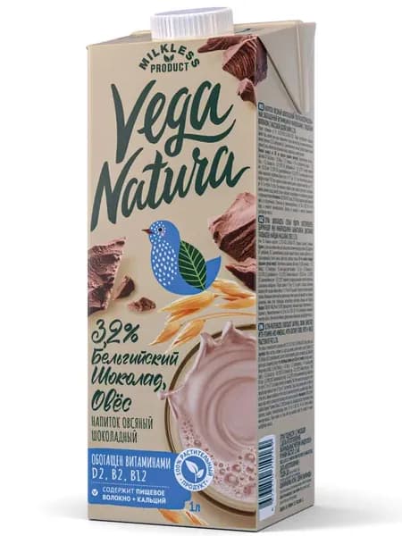 Растительное молоко Vega Natura Бельгийский шоколад 3,2% на овсяной основе, 3 л (3 шт.)