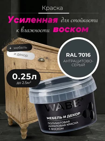 WABE, Краска для мебели и декора, База С, 0,25 л, RAL 7016, Антрацитовое-серый