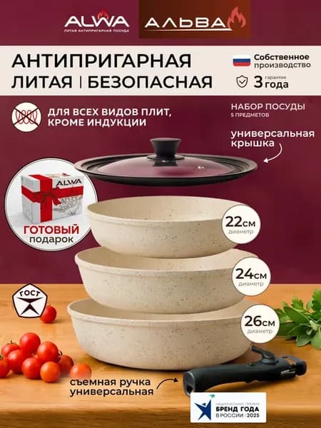 Набор сковородок с крышкой и съемной ручкой
