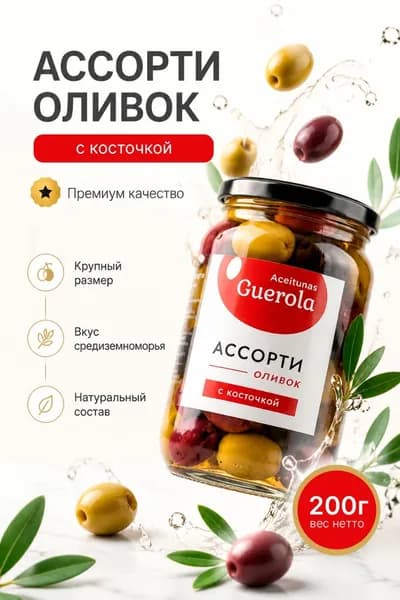 Оливки ассорти с косточкой Aceitunas Guerola, стеклянная банка 340/200 г