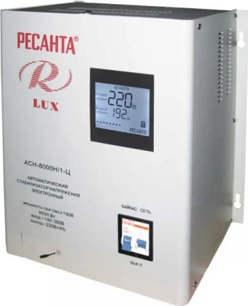 Стабилизатор напряжения Ресанта LUX АСН-8000Н/1-Ц релейный, однофазный, навесной, в стальном корпусе, серый, 36x30.5x19см, 140-260В 50Гц IP20 / электрика