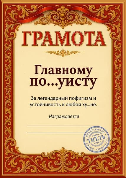 Прикольная грамота, диплом для друга - главному пофигисту