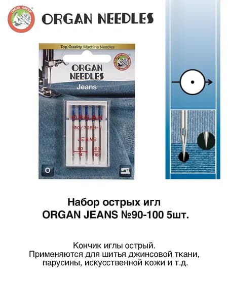 Набор острых игл джинс ORGAN JEANS №90/100 5шт. для бытовой швейной машины