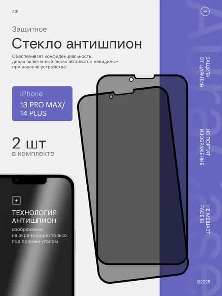 Защитное стекло для iPhone 13 Pro Max/14 Plus антишпион 2шт