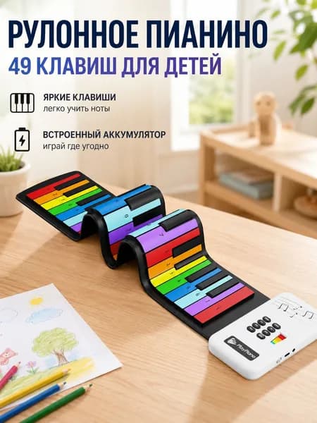 Электронное пианино, 49 клавиш, складное рулонное, цветное, для начинающих детей