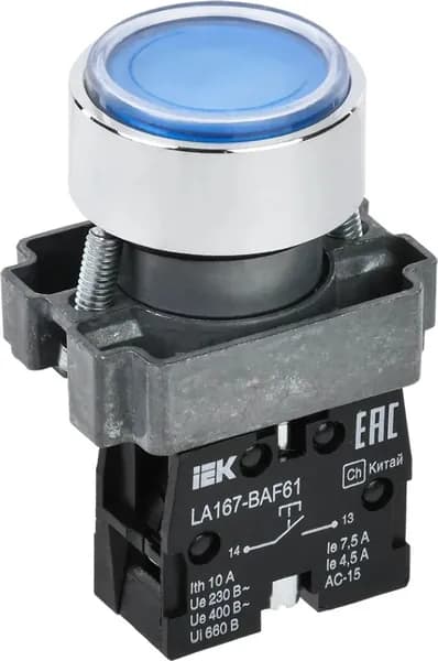 Кнопка управления IEK / ИЭК LA167-BAF61 плоская, 1з, синяя, 10А IP65, под отверстие диаметром 22мм, BBT20-BAF61-1-22-67-K07 / кнопочный пост