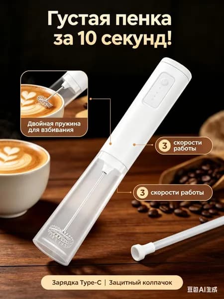 Капучинатор электрический, ручной вспениватель молока и сливок, беспроводной портативный мини миксер с 3 скоростями, зарядка Type-C, для кофе и матчи