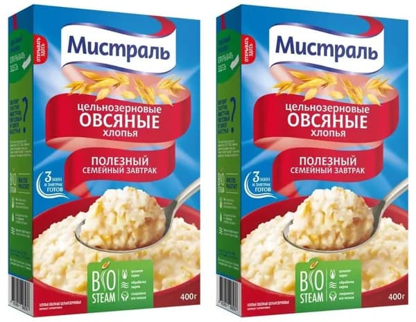 Мистраль Хлопья овсяные цельнозерновые Полезный завтрак, 400 г, 2 шт /
